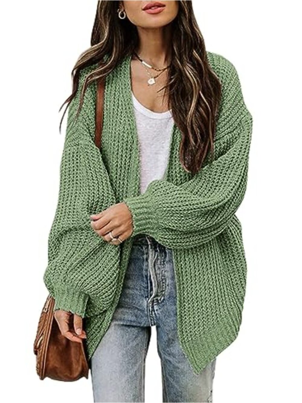 Womens Oversized Chunky Knit Open Front Cardigan Long Lantern Sleeve